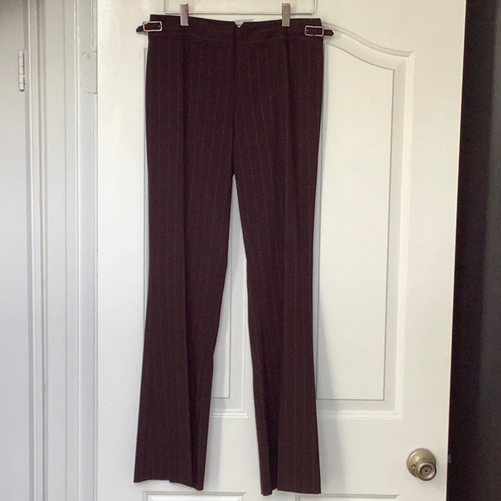 Bebe Y2K suit pants. Brown with broken line white pinstripes. Size 6. EUC